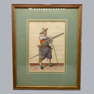 HAND-PAINTED PRINT OF A MUSKETEER FROM JACOB DE GHEYN II WAPENHANDELINGE