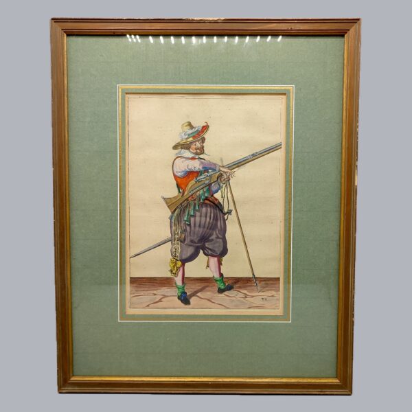 HAND-PAINTED PRINT OF A MUSKETEER FROM JACOB DE GHEYN II WAPENHANDELINGE