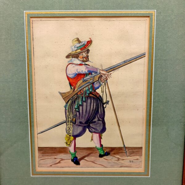 HAND-PAINTED PRINT OF A MUSKETEER FROM JACOB DE GHEYN II WAPENHANDELINGE