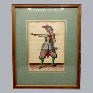 HAND-PAINTED PRINT OF A SPEARMAN FROM JACOB DE GHEYN II WAPENHANDELINGE