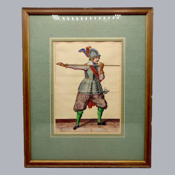 HAND-PAINTED PRINT OF A SPEARMAN FROM JACOB DE GHEYN II WAPENHANDELINGE
