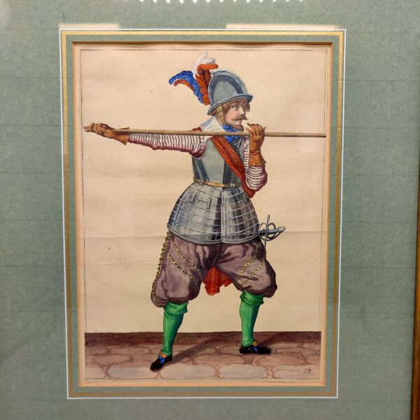 HAND-PAINTED PRINT OF A SPEARMAN FROM JACOB DE GHEYN II WAPENHANDELINGE