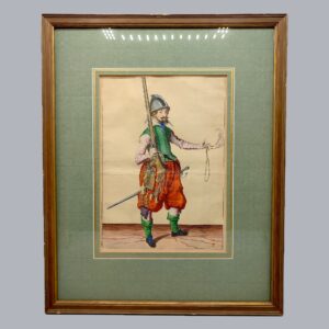 HAND-PAINTED PRINT OF A MUSKETEER FROM JACOB DE GHEYN II WAPENHANDELINGE