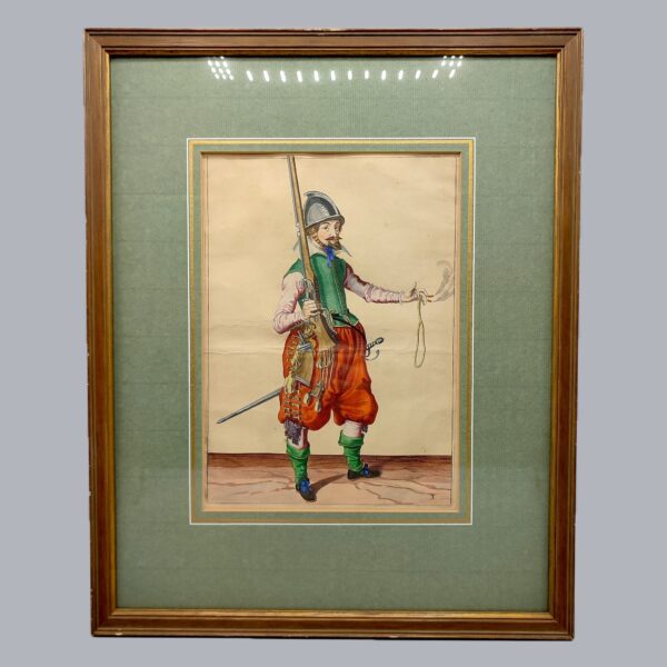 HAND-PAINTED PRINT OF A MUSKETEER FROM JACOB DE GHEYN II WAPENHANDELINGE