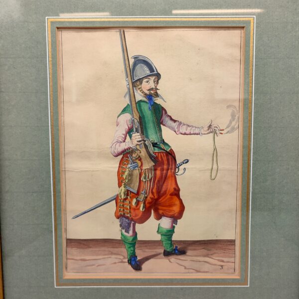 HAND-PAINTED PRINT OF A MUSKETEER FROM JACOB DE GHEYN II WAPENHANDELINGE