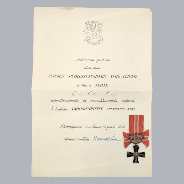FINNISH CROSS OF LIBERTY 4TH CLASS 1939 & CERTIFICATE