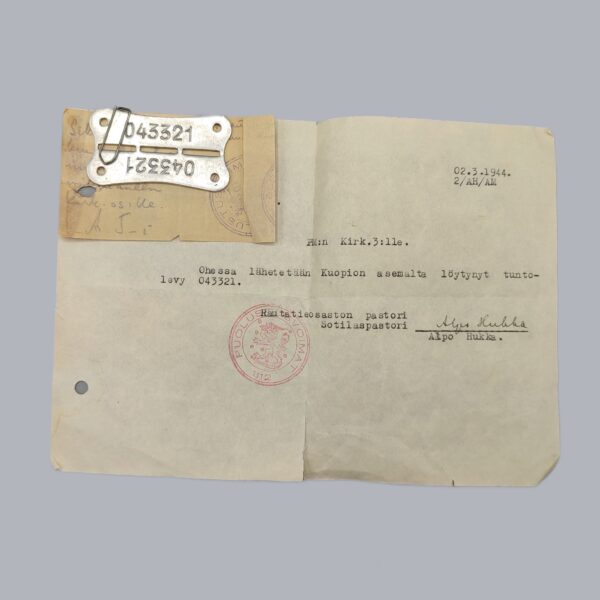 FINNISH WWII DOG TAG & DOCUMENTATION (CONTINUATION WAR)