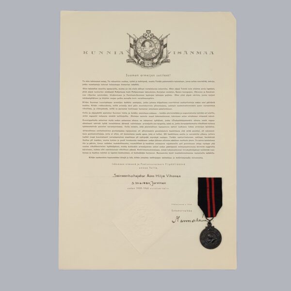 FINNISH COMMEMORATIVE MEDAL OF THE 1939-1940 WINTER WAR & CERTIFICATE