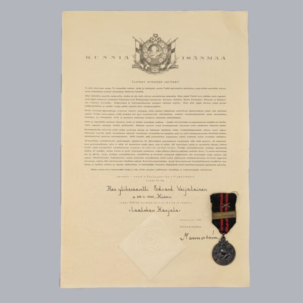 FINNISH COMMEMORATIVE MEDAL OF THE 1939-1940 WINTER WAR & CERTIFICATE