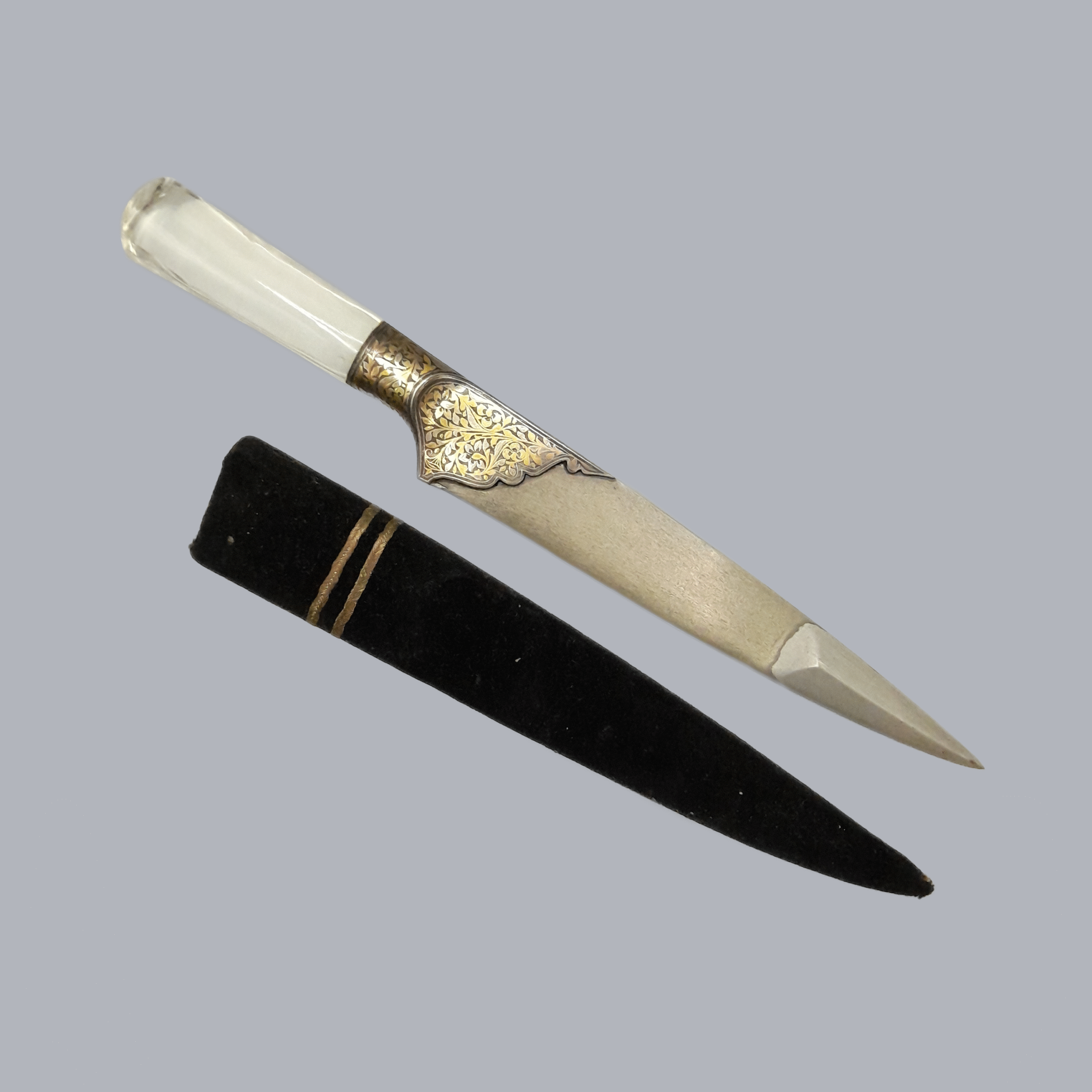 A729b Vintage Indian Kard Dagger 20th Century 1900s South Asian Koftgari Decorations Rock Crystal Steel Blade