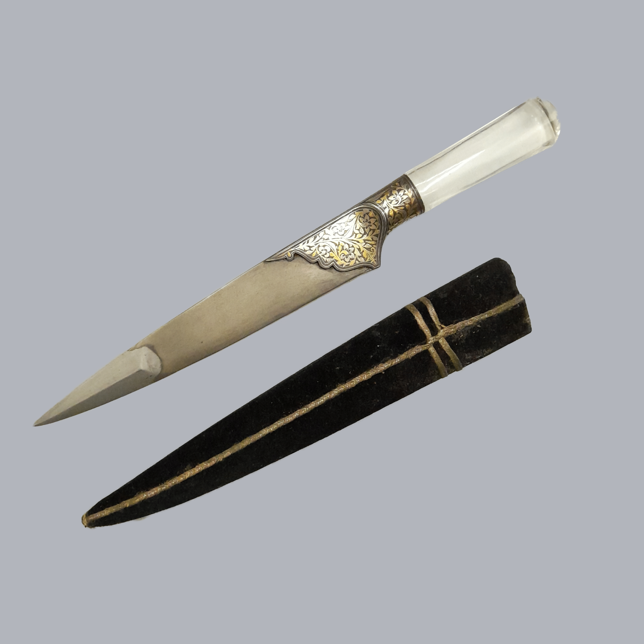 A729c Vintage Indian Kard Dagger 20th Century 1900s South Asian Koftgari Decorations Rock Crystal Steel Blade