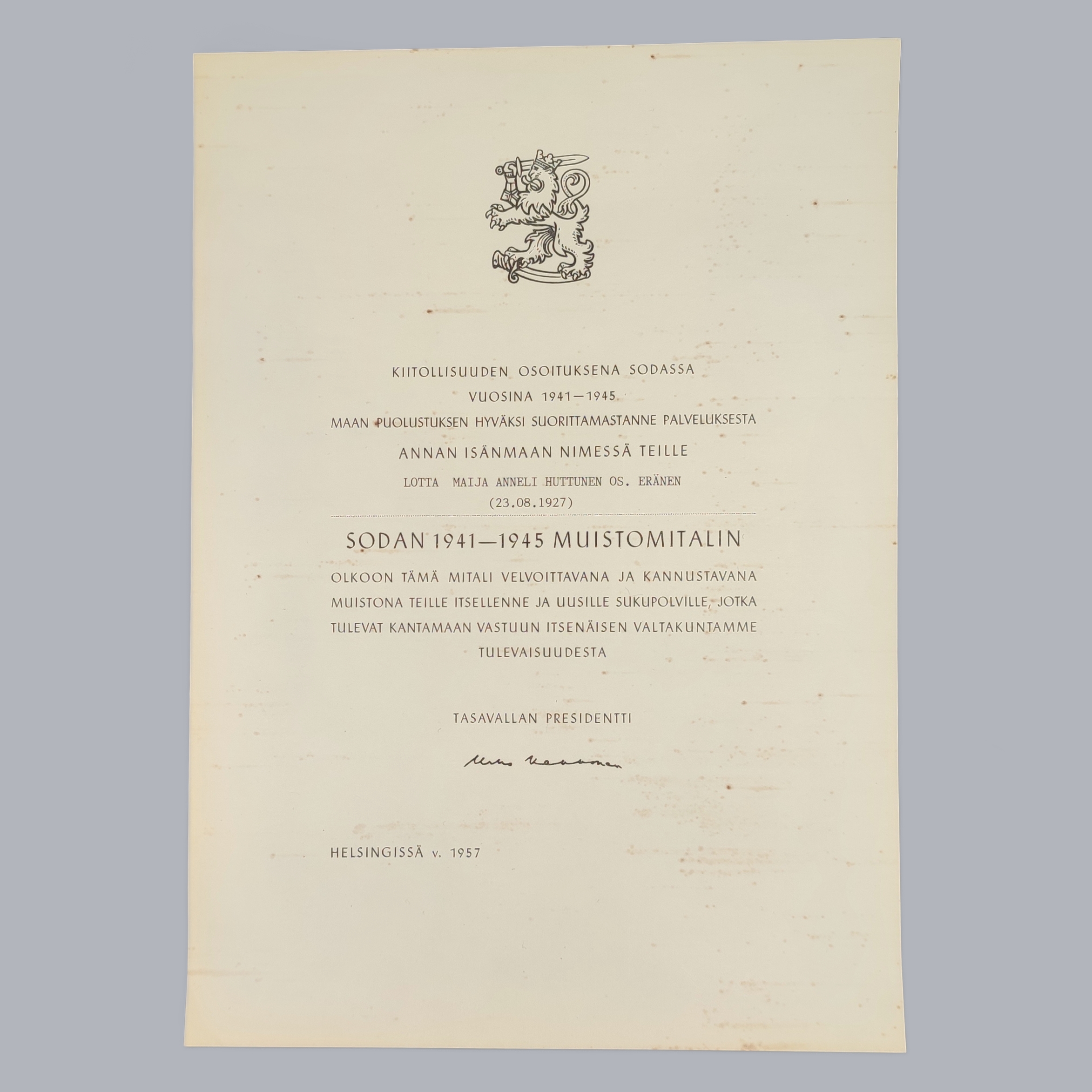 FINNISH WWII MEDAL BAR OF A LOTTA SVÄRD SISTER & CERTIFICATES