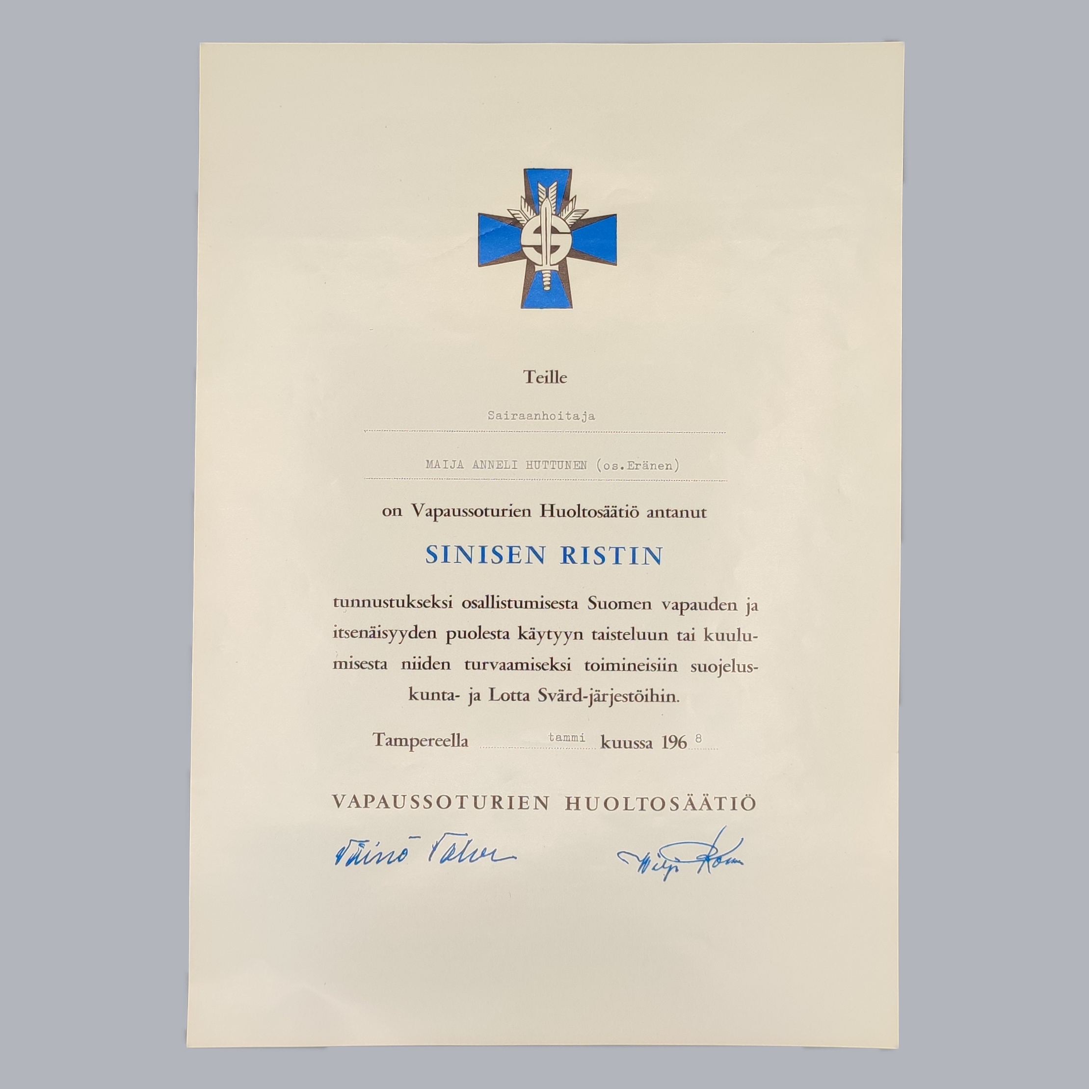 FINNISH WWII MEDAL BAR OF A LOTTA SVÄRD SISTER & CERTIFICATES