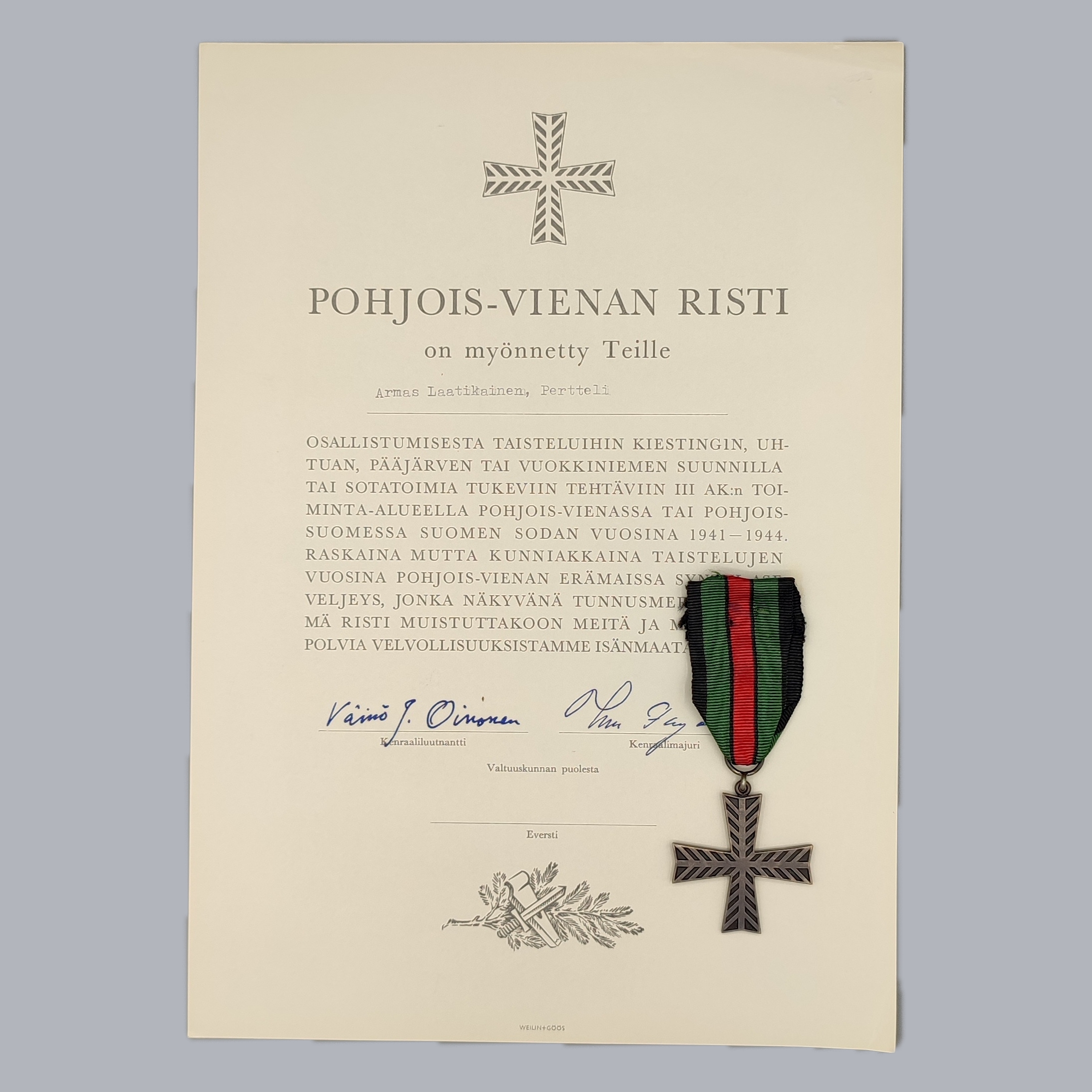 FINNISH WWII CAMPAIGN CROSS OF POHJOIS-VIENA 1941-1944 & CERTIFICATE