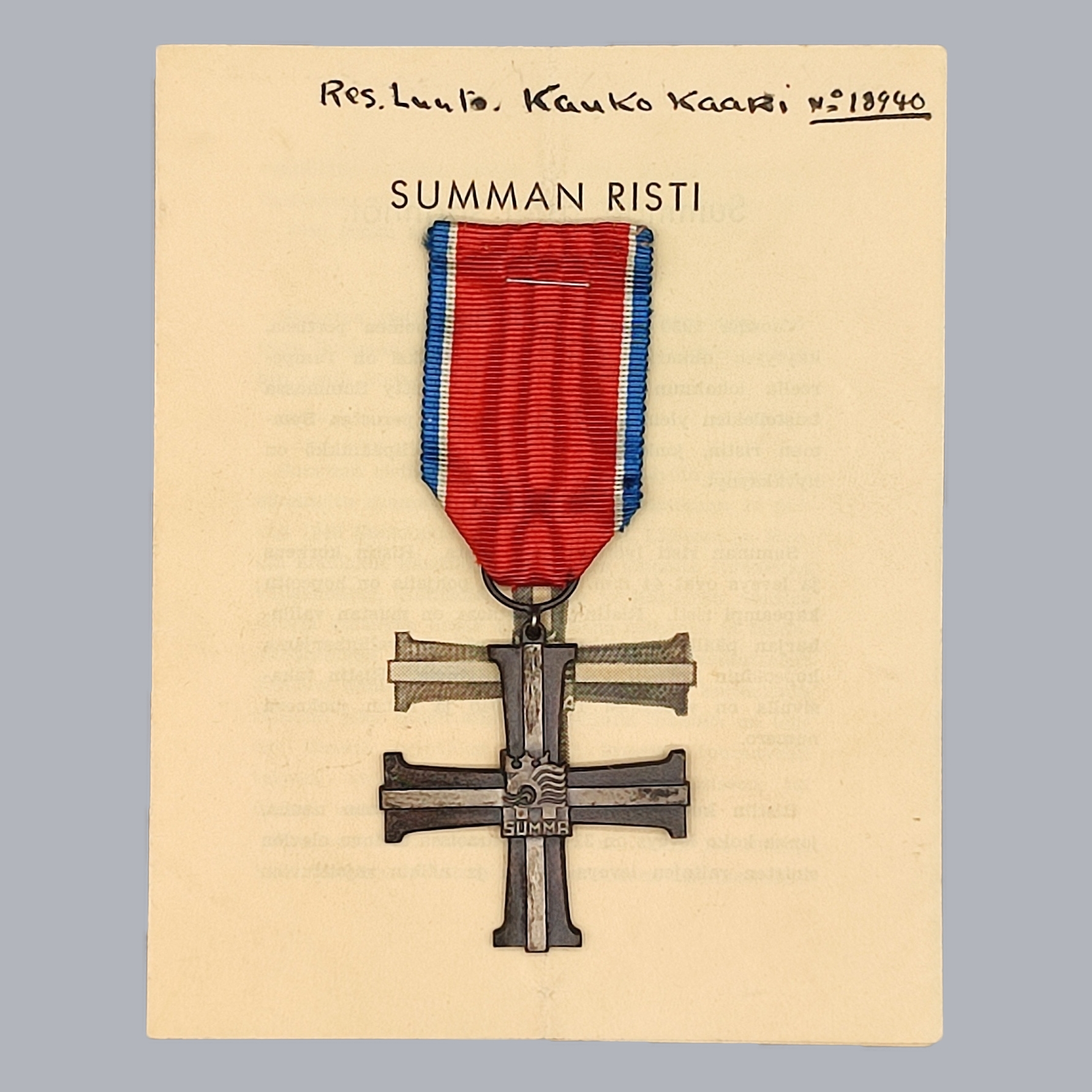 FINNISH WWII CAMPAIGN CROSS OF SUMMA 1939-1940 WITH CERTIFICATE