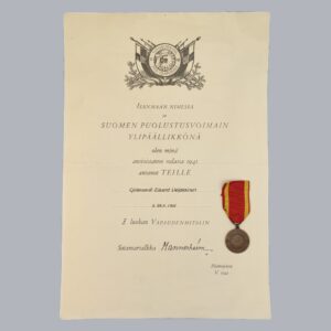 FINNISH WWII MEDAL OF LIBERTY 2ND CLASS 1941 WITH CERTIFICATE