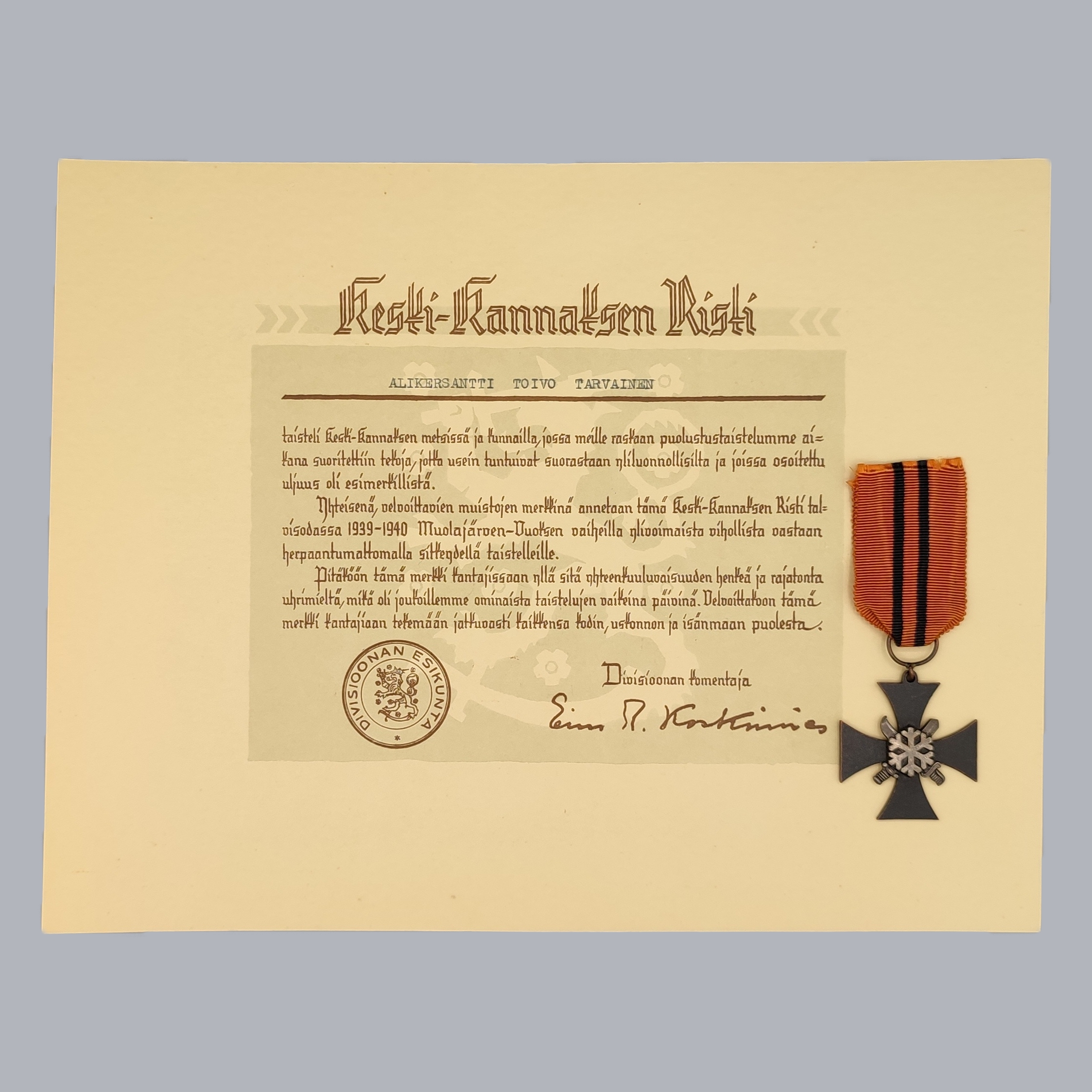 FINNISH WWII CAMPAIGN CROSS OF KESKI-KANNAS 1939-1940 WITH CERTIFICATE