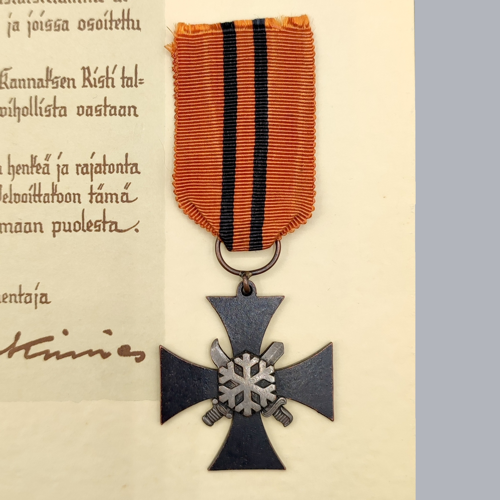 FINNISH WWII CAMPAIGN CROSS OF KESKI-KANNAS 1939-1940 WITH CERTIFICATE