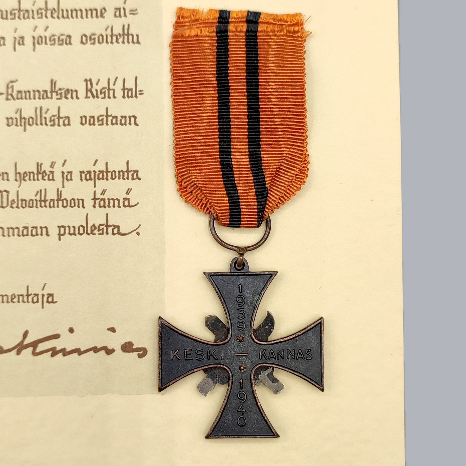 FINNISH WWII CAMPAIGN CROSS OF KESKI-KANNAS 1939-1940 WITH CERTIFICATE