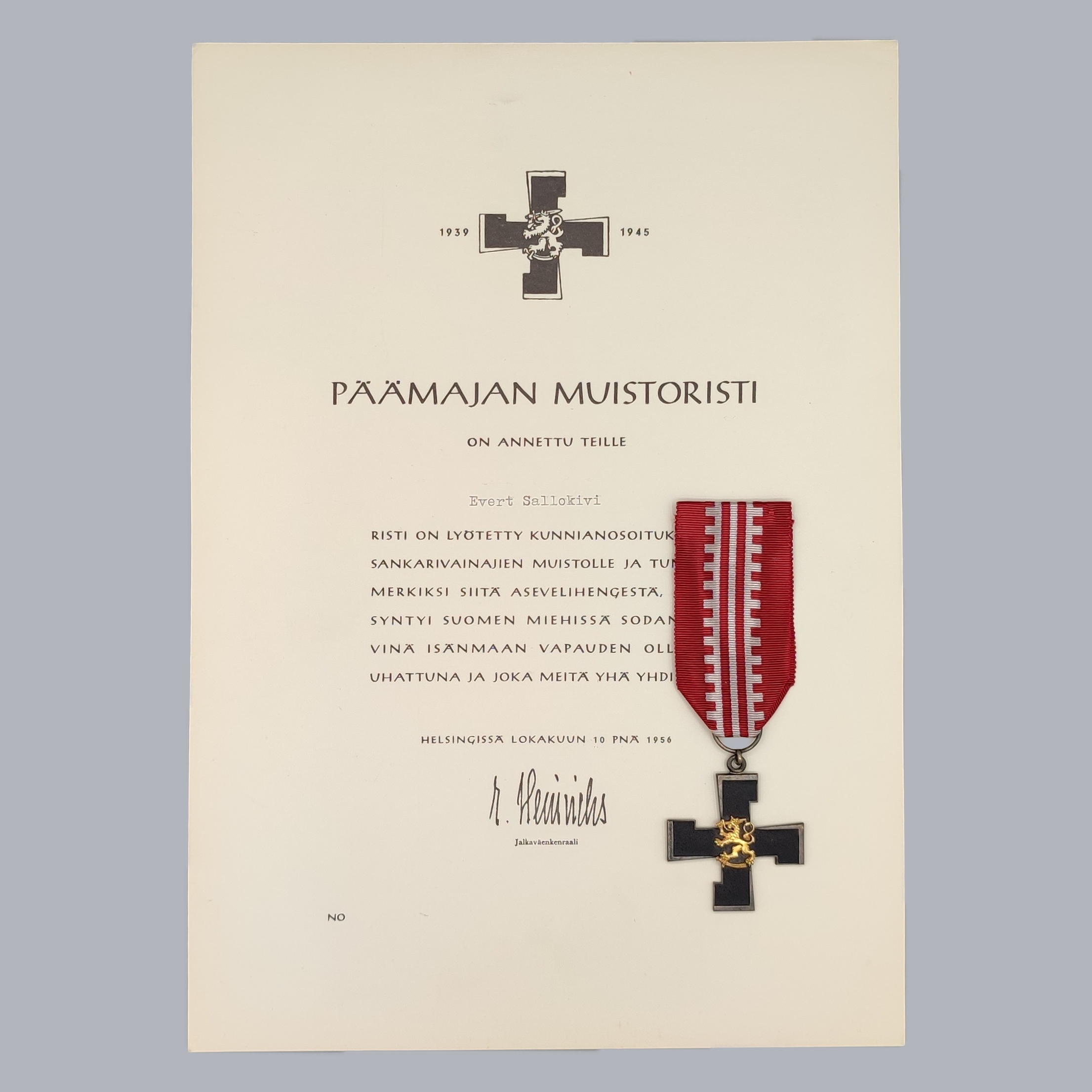 FINNISH WWII REGIMENTAL CROSS OF THE HEADQUARTERS 1939-1945 & CERTIFICATE