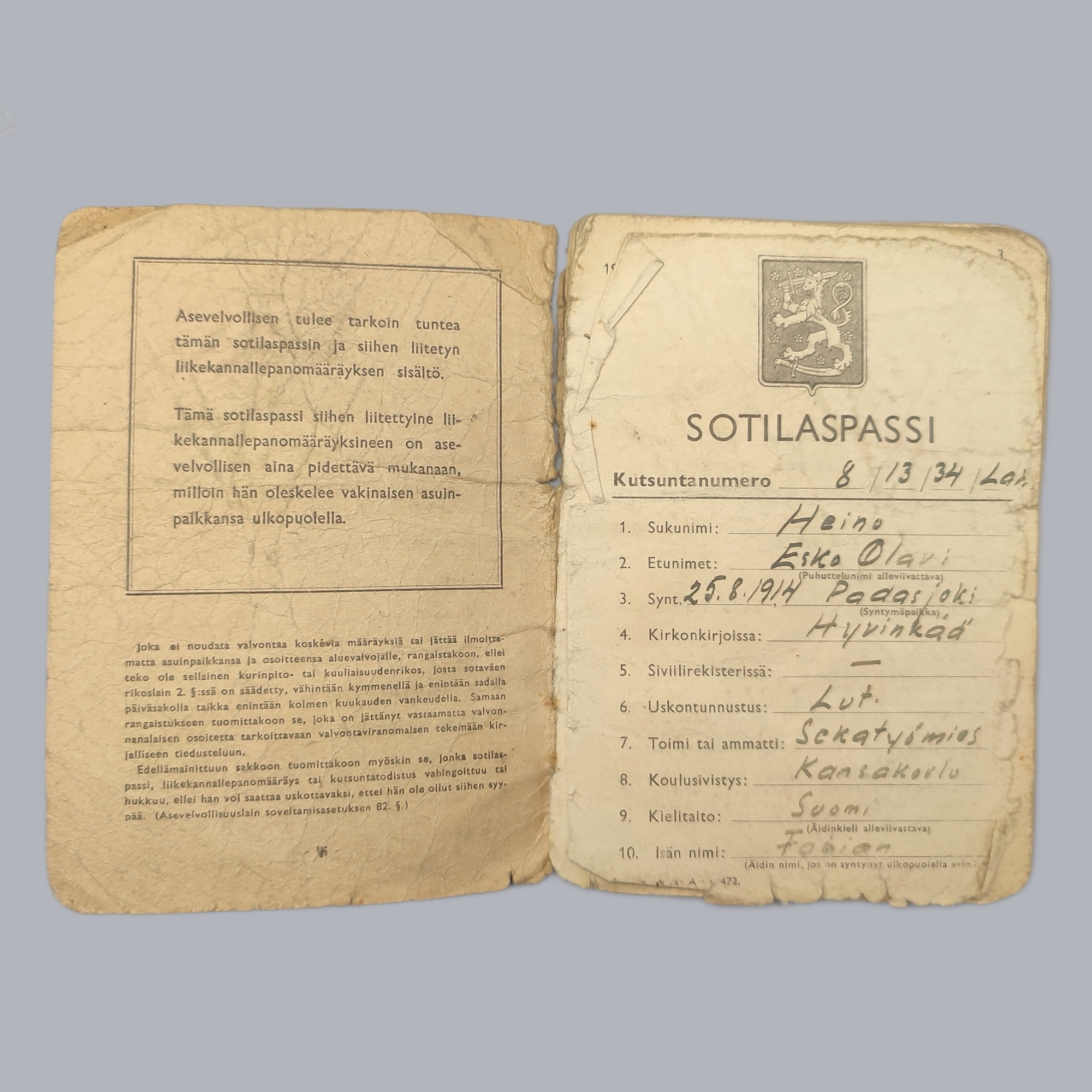 FINNISH WWII EQUIPMENT SET OF A BORDER SCOUT
